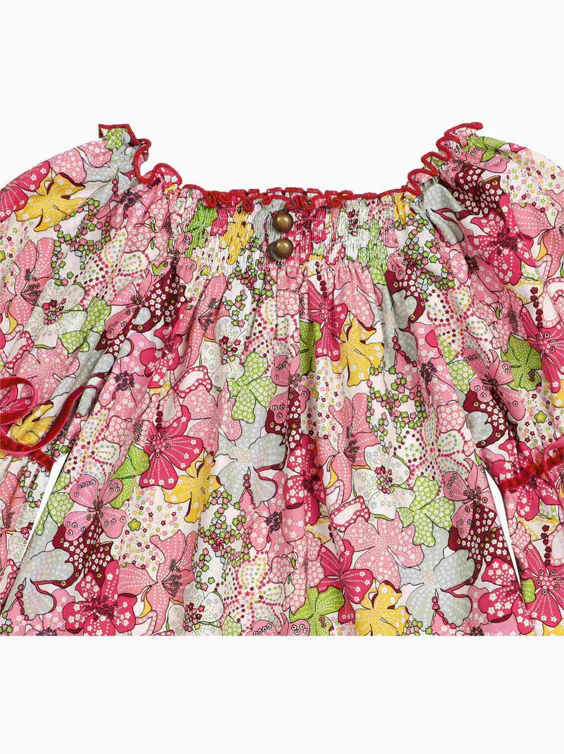 Blusa de Entretiempo con Flores para Niña | Liberty Rojo | Cuello Smocks | CHIMENE Rojo - Kiabi