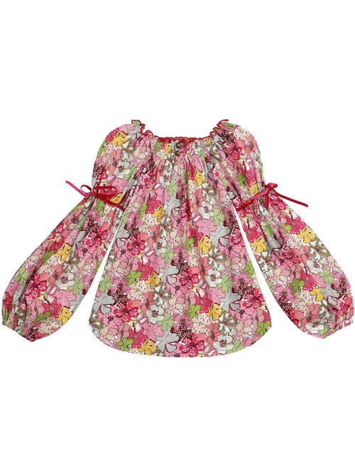 Blusa de Entretiempo con Flores para Niña | Liberty Rojo | Cuello Smocks | CHIMENE - Kiabi