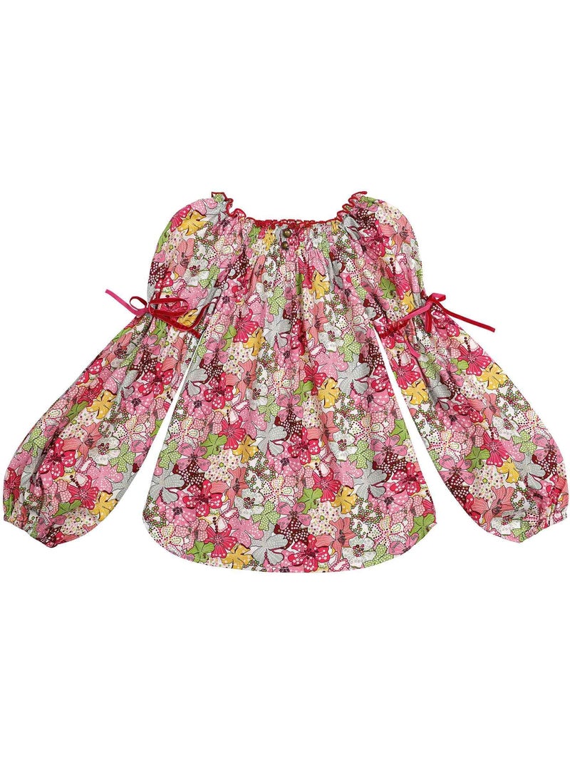 Blusa de Entretiempo con Flores para Niña | Liberty Rojo | Cuello Smocks | CHIMENE Rojo - Kiabi