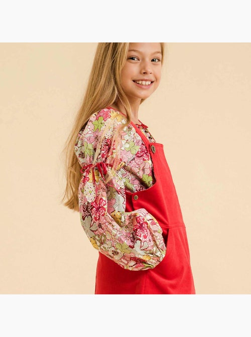Blusa de Entretiempo con Flores para Niña | Liberty Rojo | Cuello Smocks | CHIMENE - Kiabi