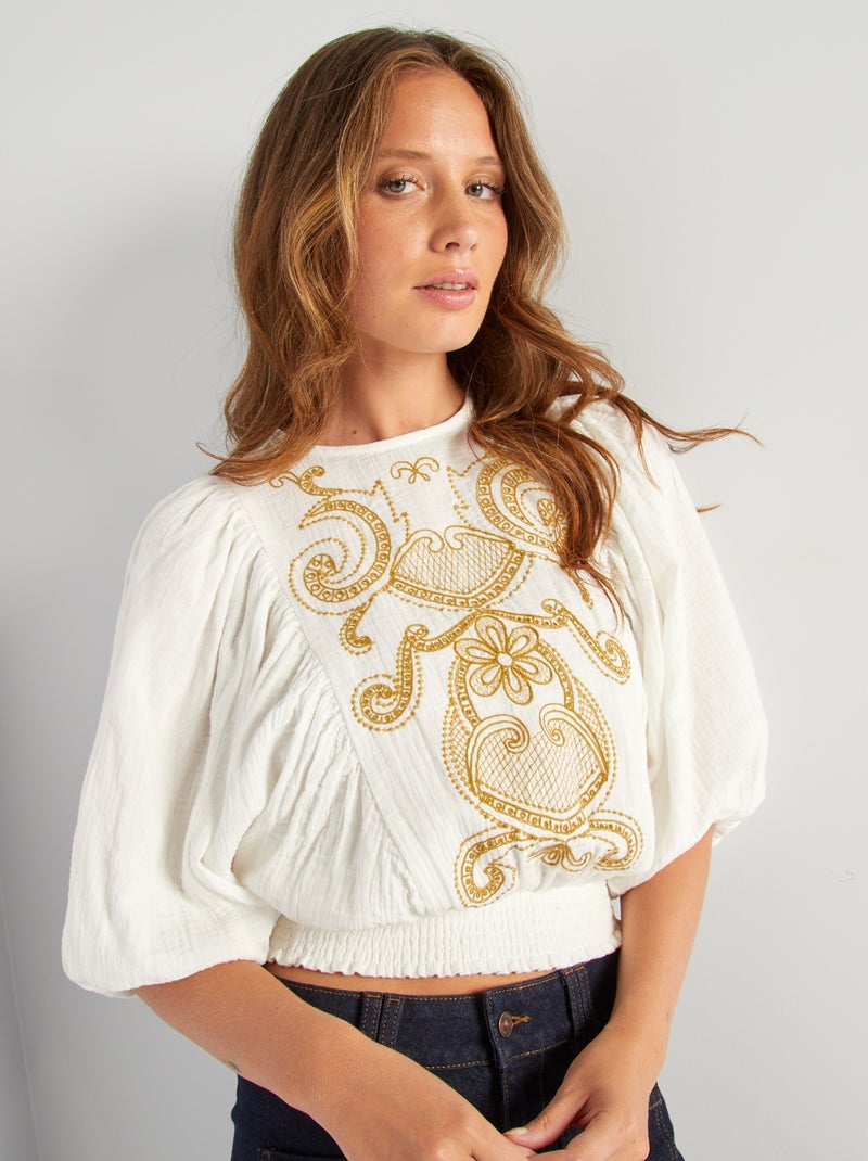 Blusa de gasa de algodón con bordado BLANCO - Kiabi