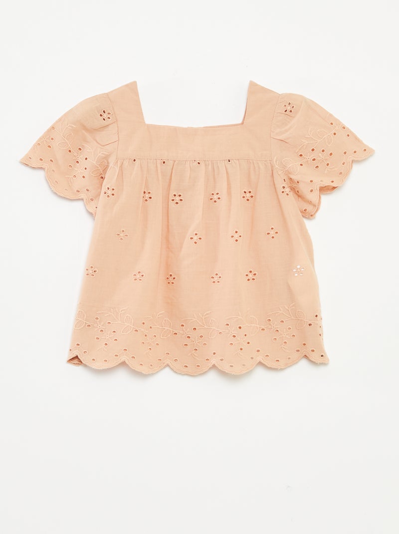 Blusa de gasa de algodón con bordado inglés BEIGE - Kiabi