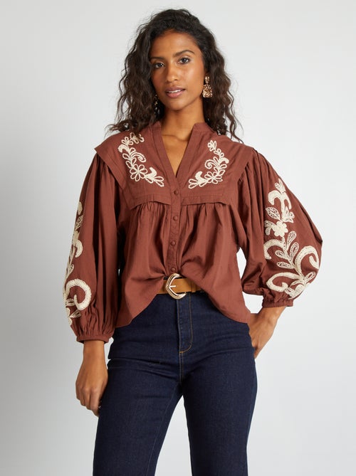 Blusa de gasa de algodón con bordado - Kiabi