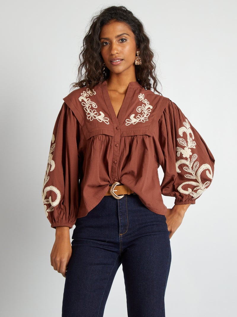 Blusa de gasa de algodón con bordado MARRON - Kiabi