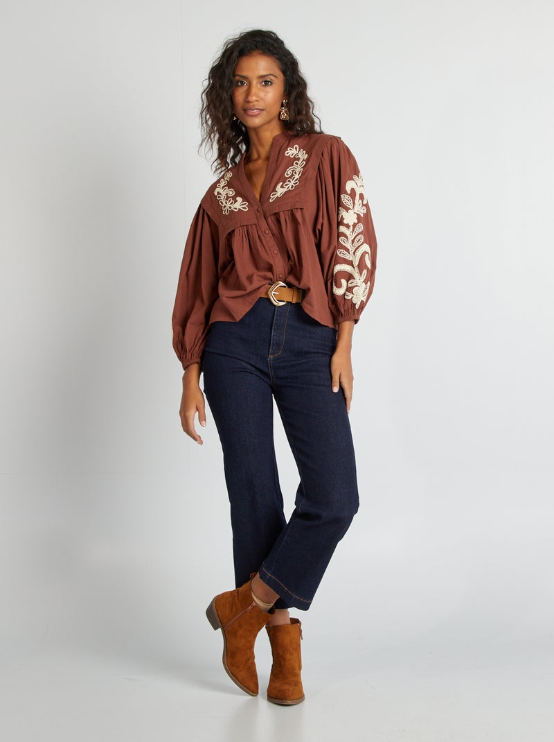 Blusa de gasa de algodón con bordado MARRON - Kiabi