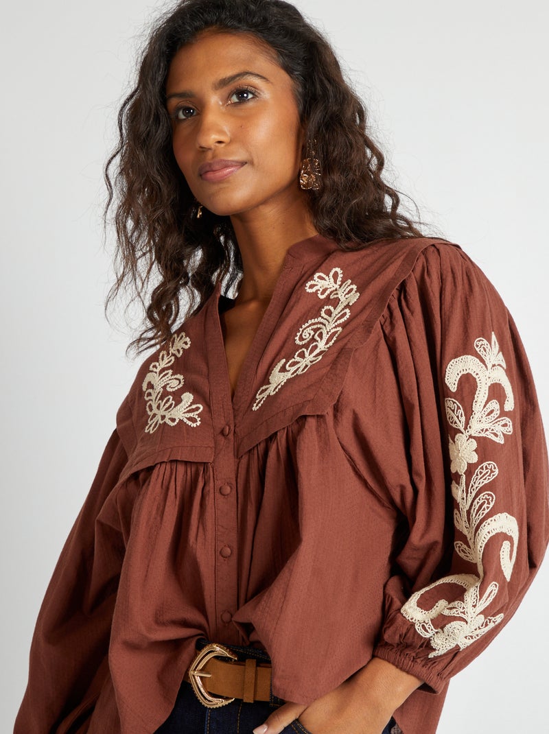 Blusa de gasa de algodón con bordado MARRON - Kiabi