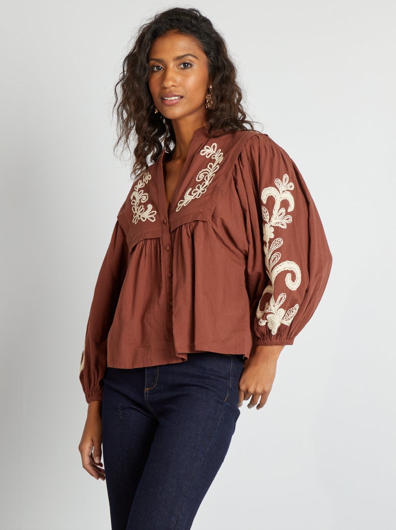 Blusa de gasa de algodón con bordado MARRON - Kiabi