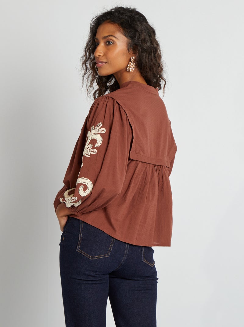 Blusa de gasa de algodón con bordado MARRON - Kiabi