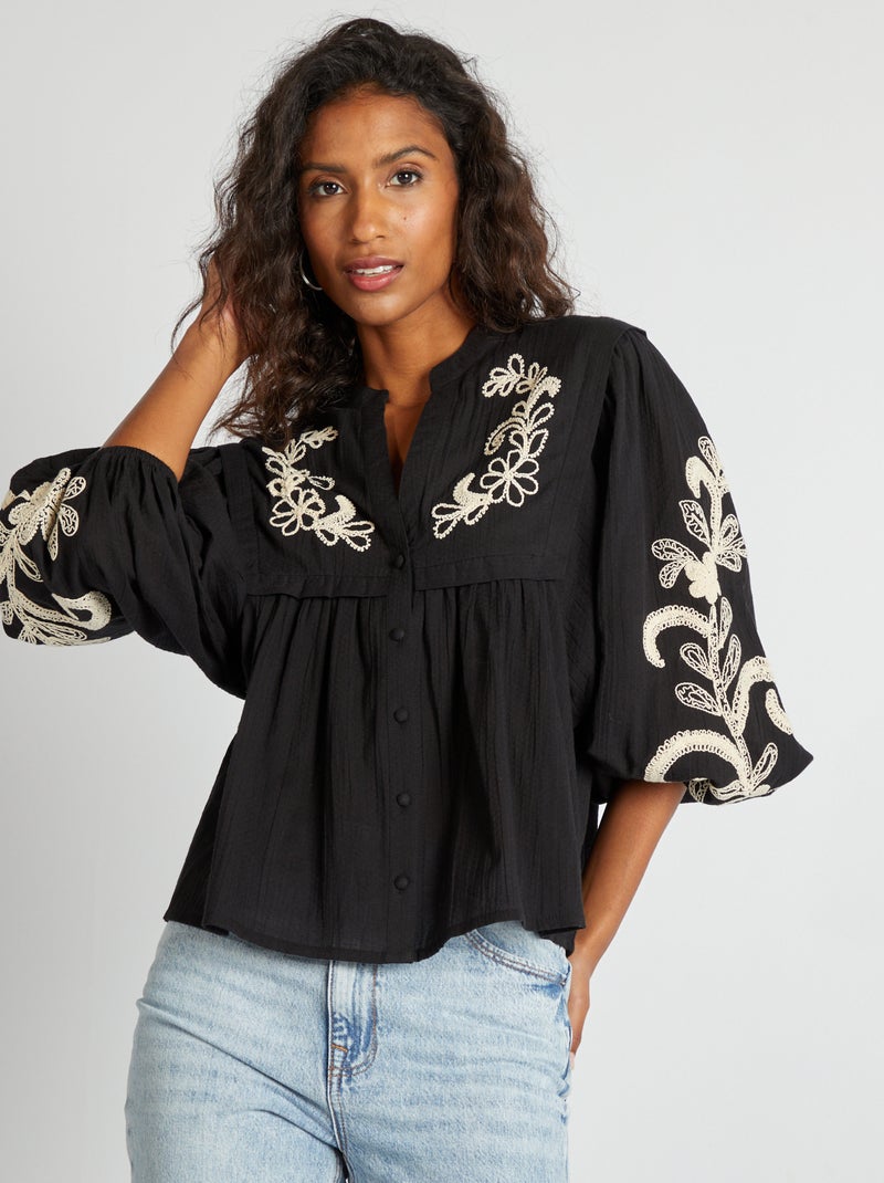 Blusa de gasa de algodón con bordado negro Mujer Kiabi