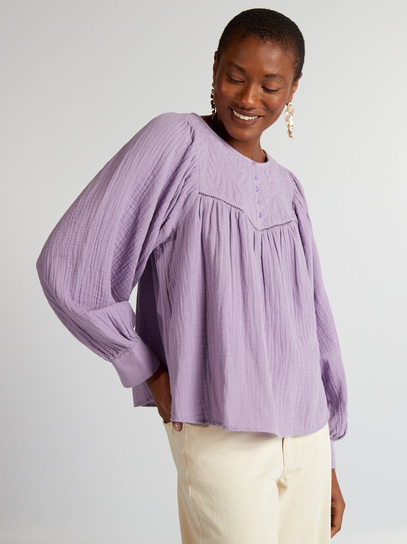 Blusa de gasa de algodón con bordado PURPURA - Kiabi
