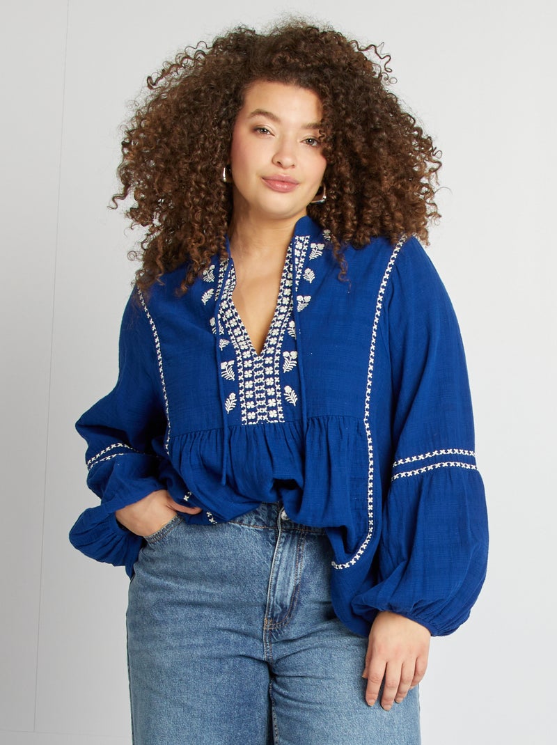 Blusa de gasa de algodón con bordados AZUL Tallas grandes