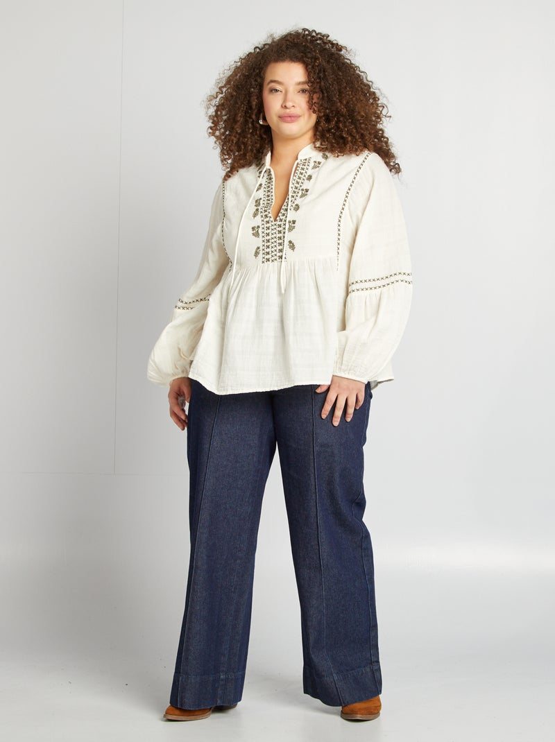 Blusa de gasa de algodón con bordados BEIGE - Kiabi