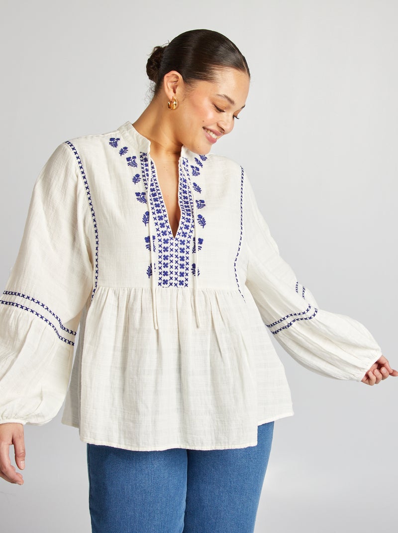 Blusa de gasa de algodón con bordados blanco - Kiabi