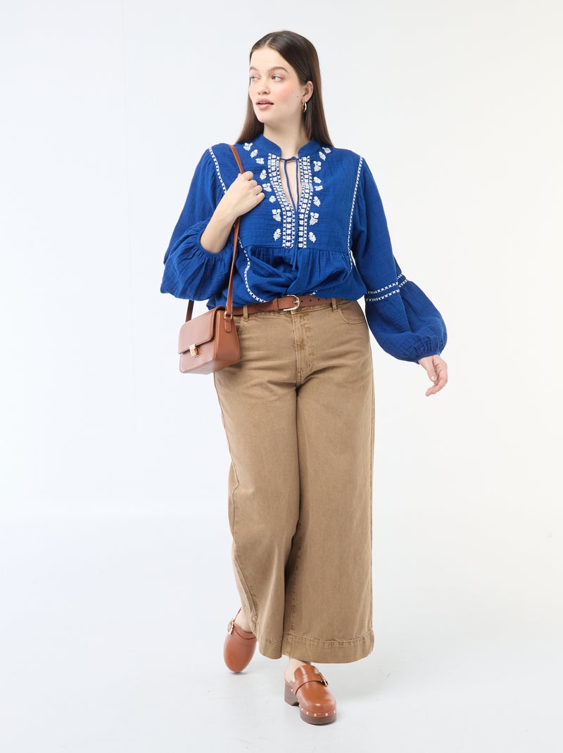 Blusa de gasa de algodón con bordados fantasía y cordones en el cuello Azul - Kiabi