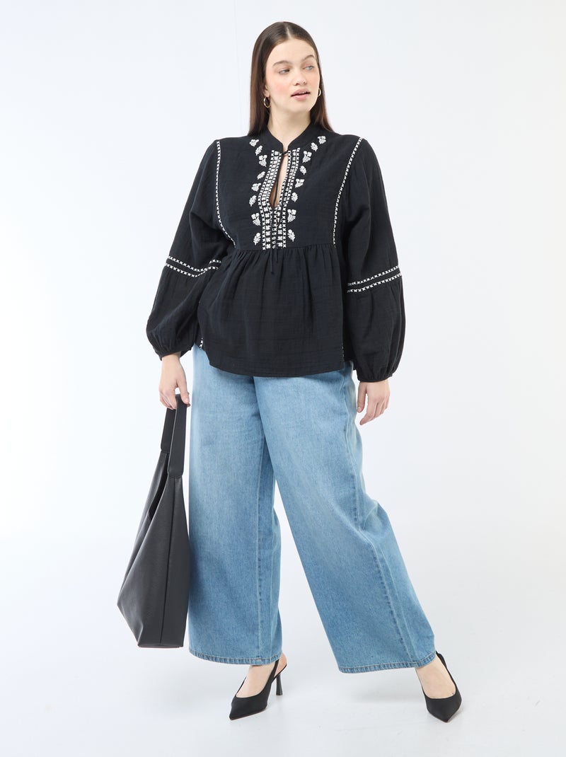 Blusa de gasa de algodón con bordados fantasía y cordones en el cuello Negro - Kiabi