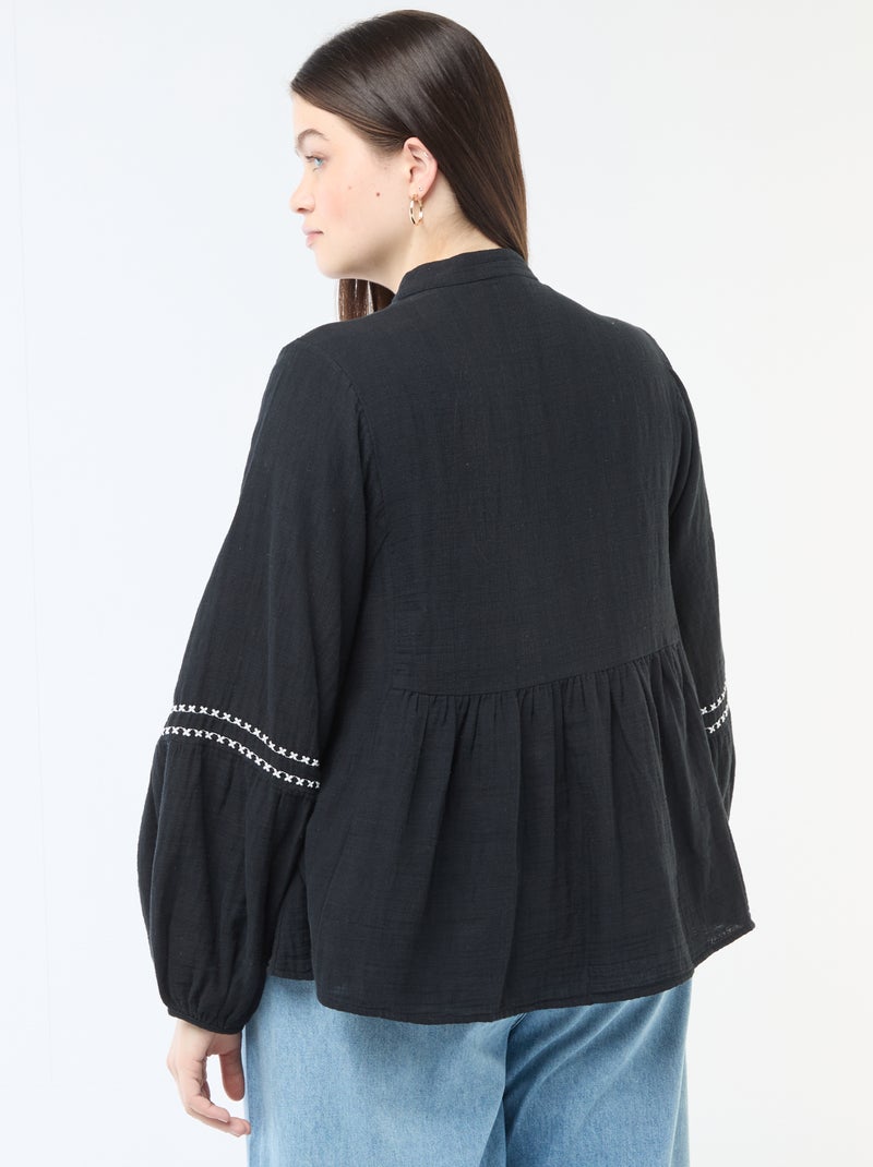 Blusa de gasa de algodón con bordados fantasía y cordones en el cuello Negro - Kiabi