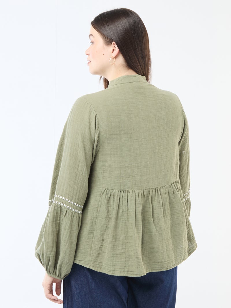 Blusa de gasa de algodón con bordados fantasía y cordones en el cuello Verde - Kiabi