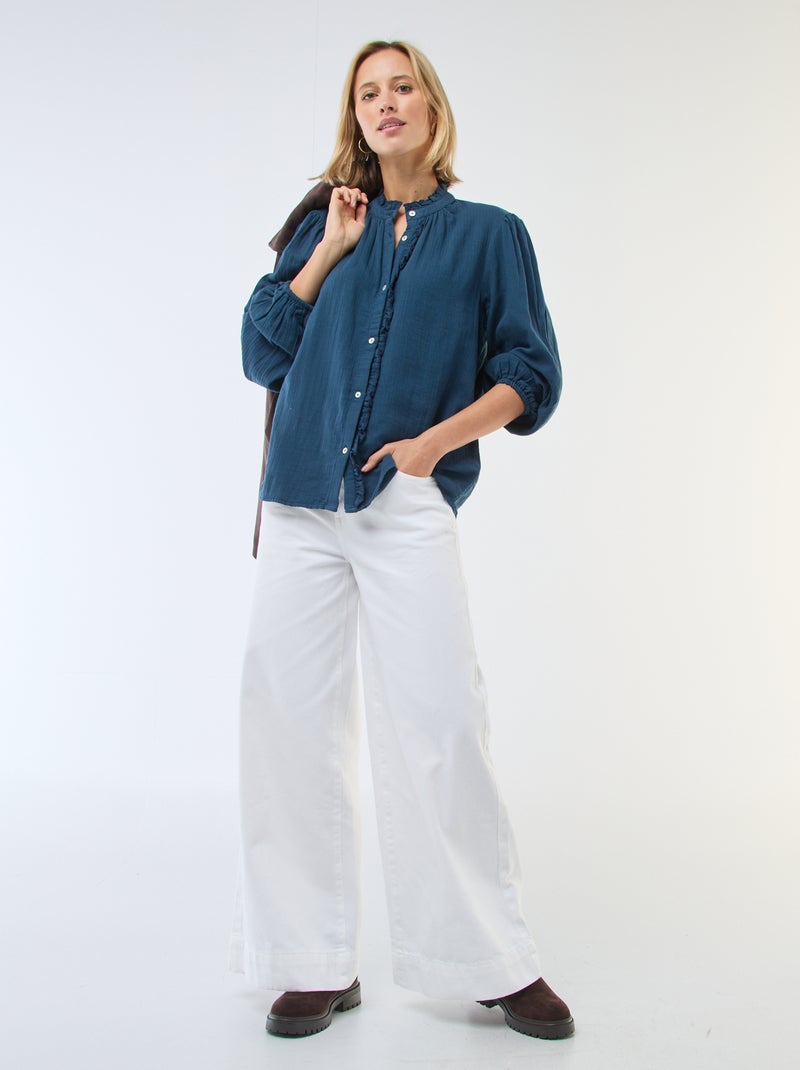 Blusa de gasa de algodón con bordes ondulados Azul - Kiabi