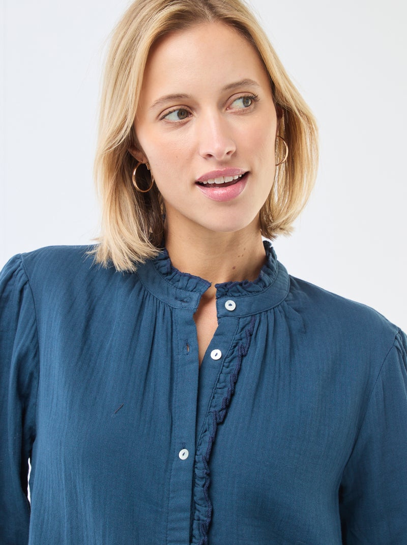 Blusa de gasa de algodón con bordes ondulados Azul - Kiabi