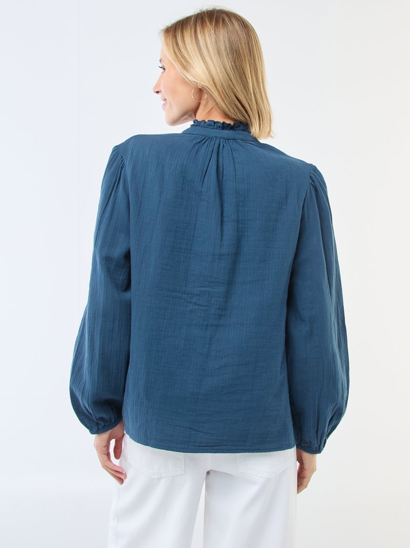 Blusa de gasa de algodón con bordes ondulados Azul - Kiabi