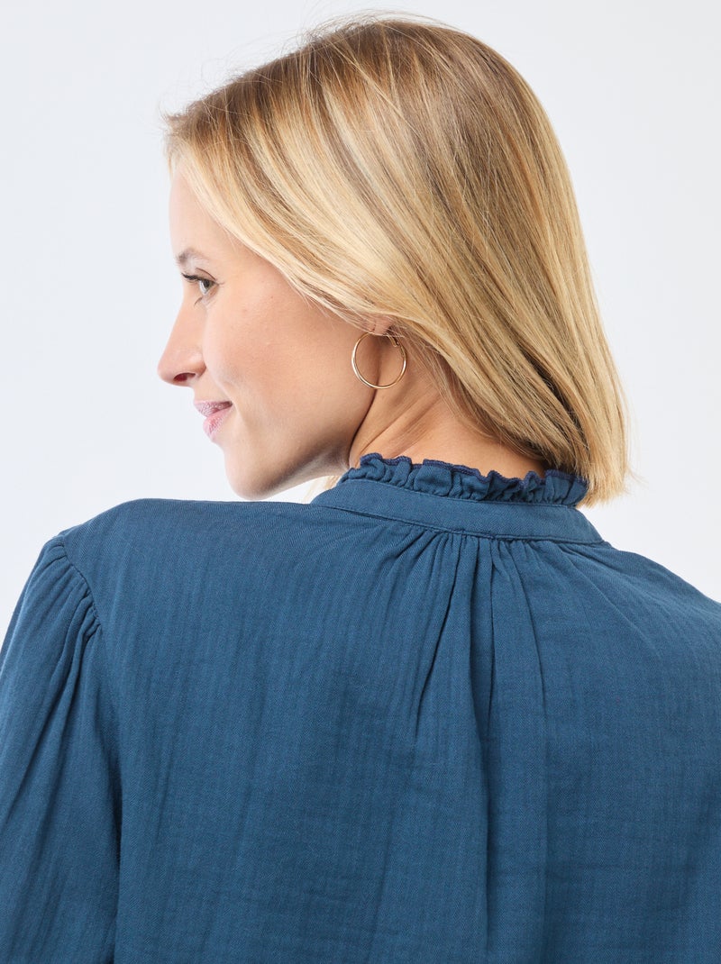 Blusa de gasa de algodón con bordes ondulados Azul - Kiabi