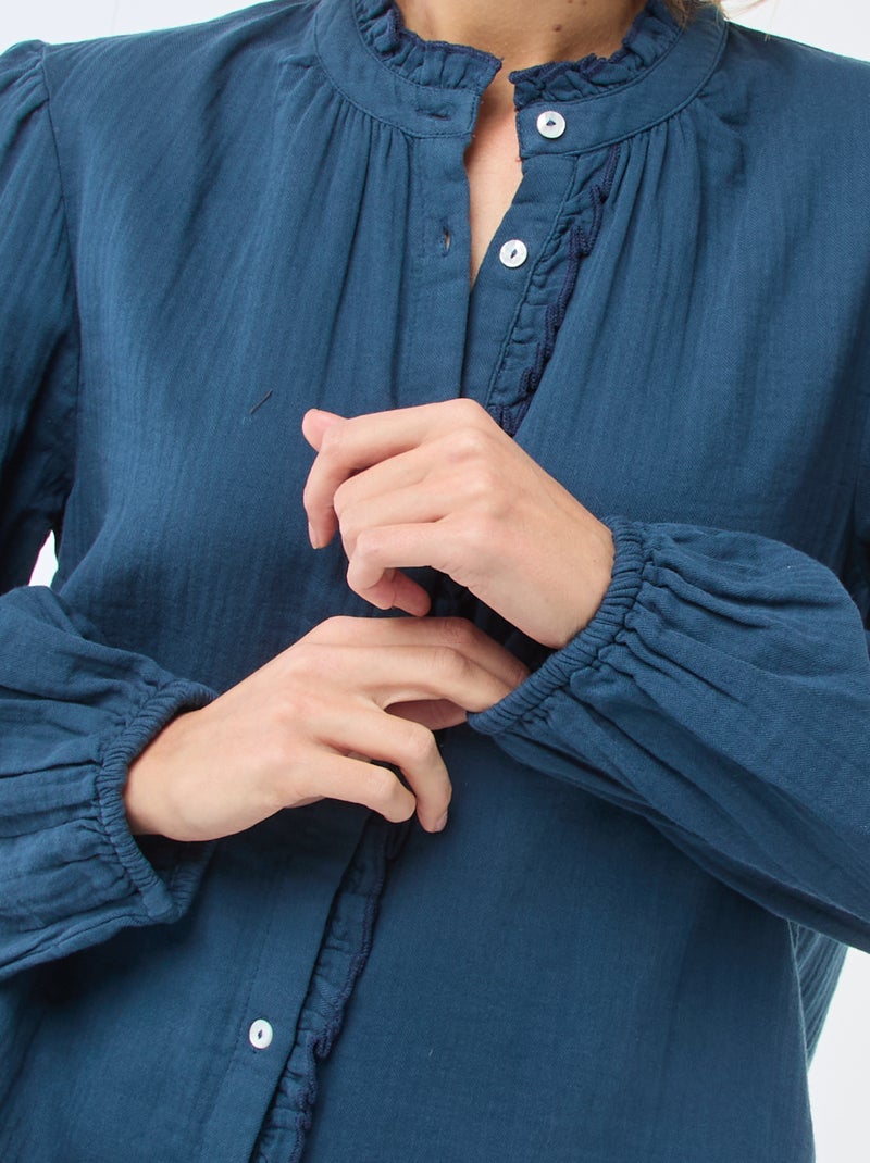 Blusa de gasa de algodón con bordes ondulados Azul - Kiabi