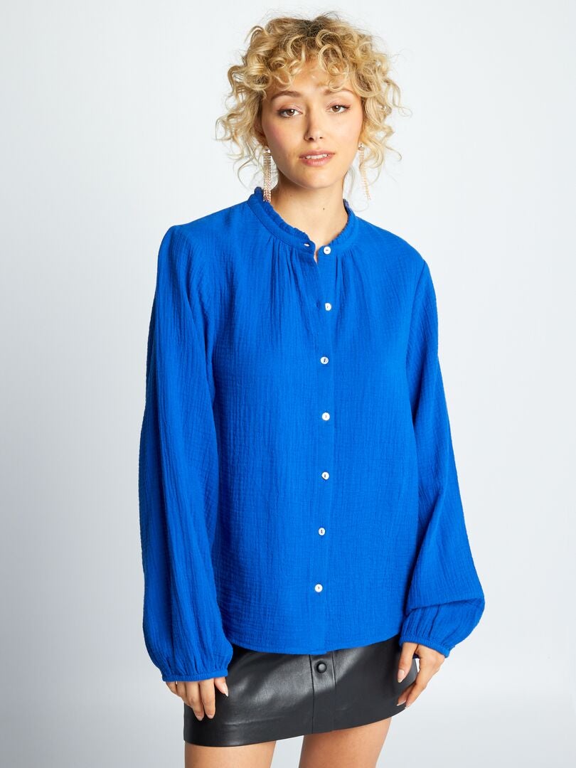 Blusa de gasa de algodón con cuello alto azul - Kiabi
