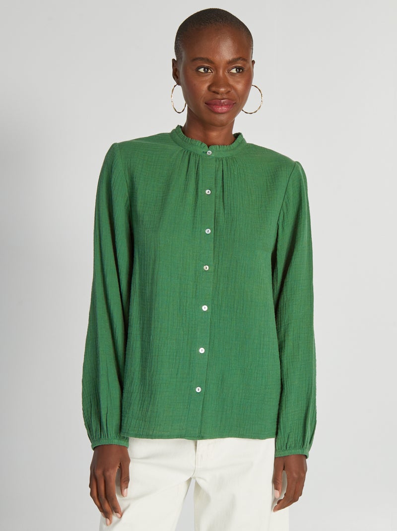 Blusa de gasa de algodón con cuello alto Verde - Kiabi