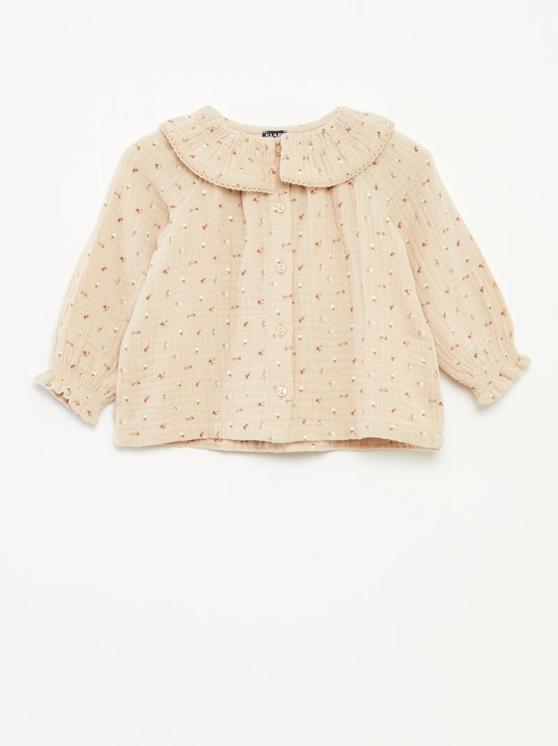 Blusa de gasa de algodón con cuello bebé Beige - Kiabi