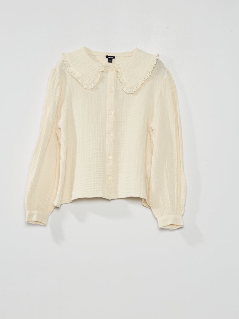 Blusa de gasa de algodón con cuello BLANCO - Kiabi