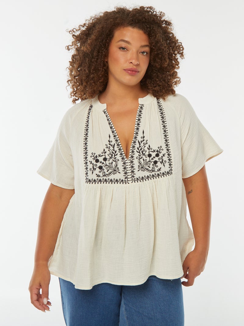 Blusa de gasa de algodón con cuello bordado Blanco - Kiabi