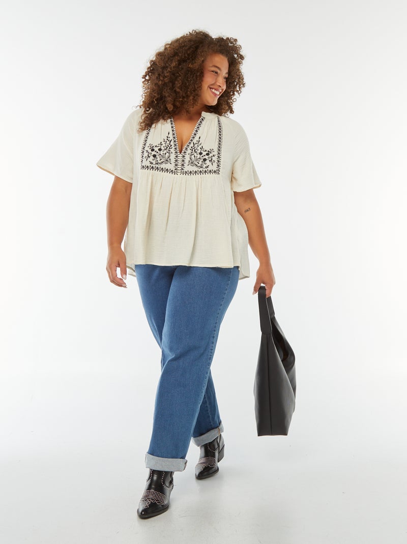 Blusa de gasa de algodón con cuello bordado Blanco - Kiabi