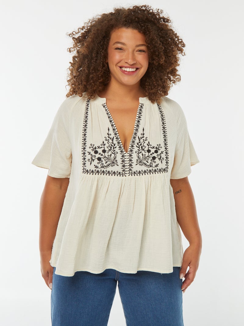 Blusa de gasa de algodón con cuello bordado Blanco - Kiabi