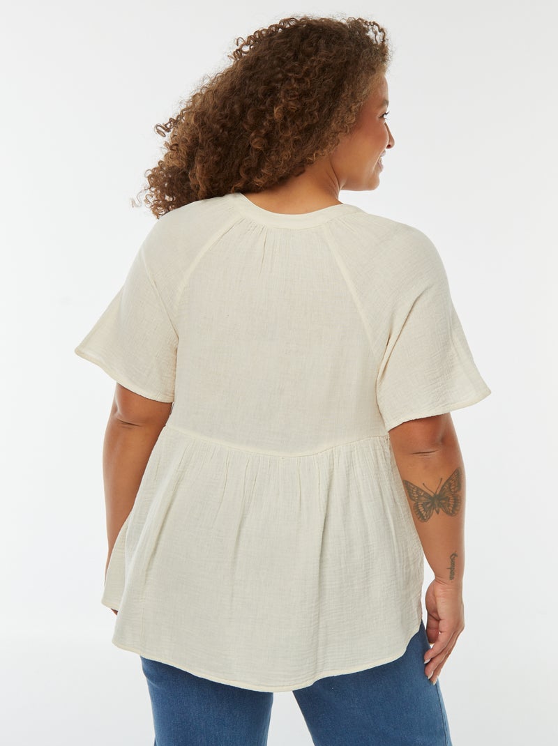 Blusa de gasa de algodón con cuello bordado Blanco - Kiabi