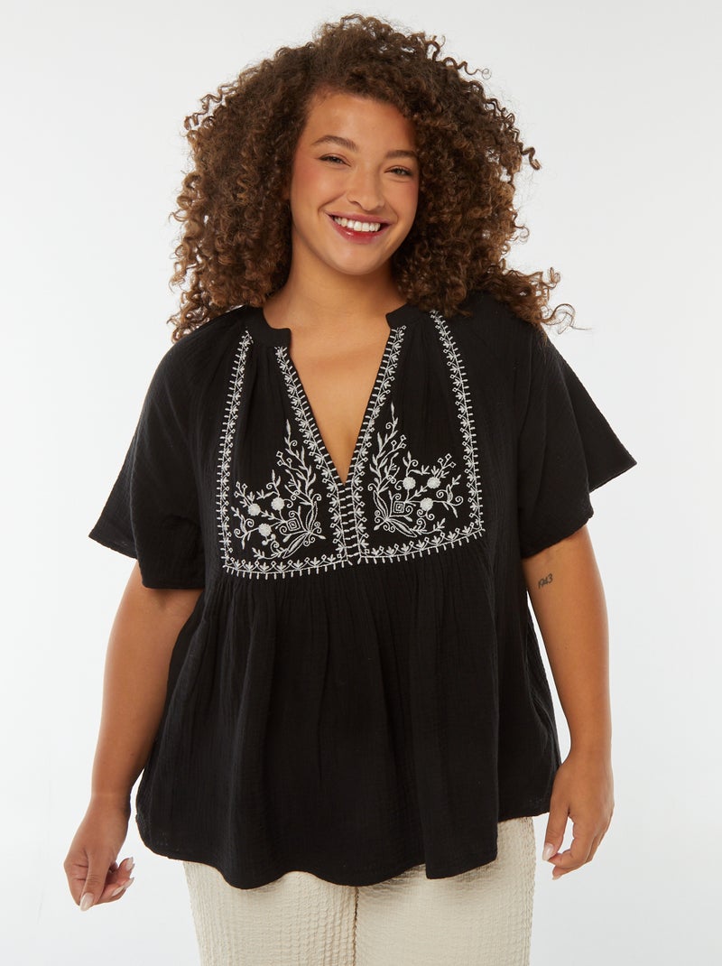 Blusa de gasa de algodón con cuello bordado negro - Kiabi