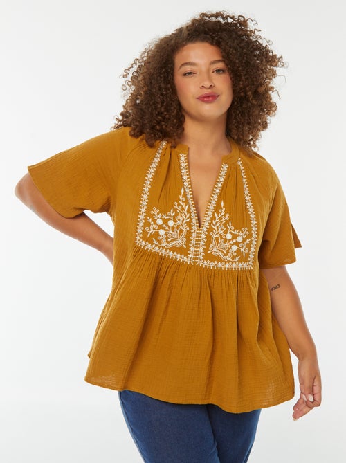 Blusa de gasa de algodón con cuello bordado - Kiabi