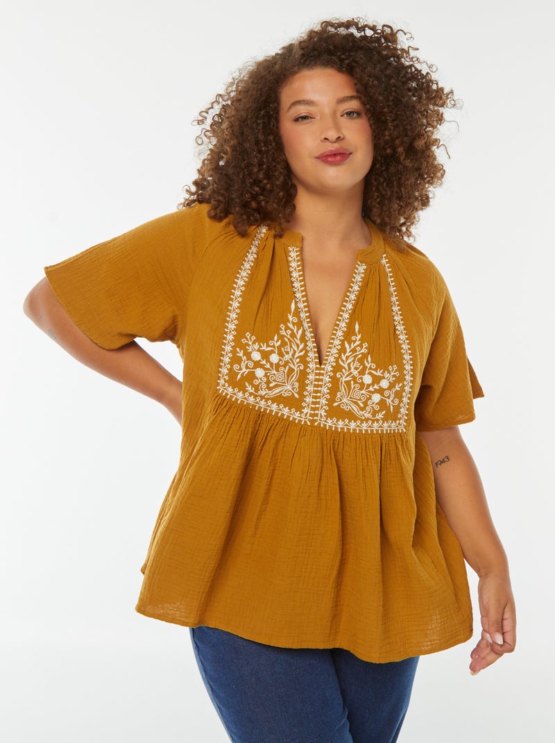 Blusa de gasa de algodón con cuello bordado Rojo - Kiabi