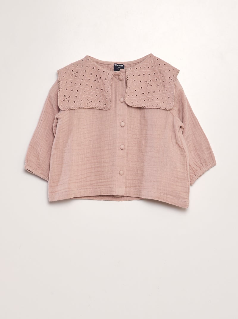 Blusa de gasa de algodón con cuello bordado ROSA - Kiabi