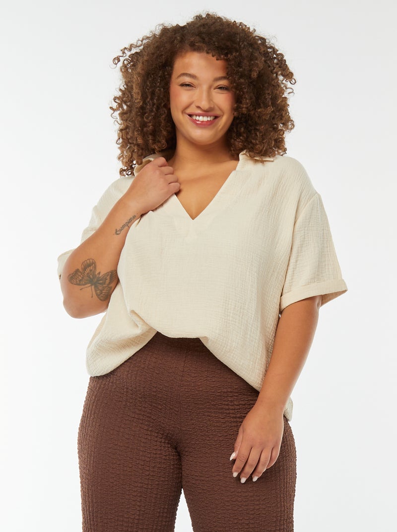 Blusa de gasa de algodón con cuello de polo Blanco - Kiabi
