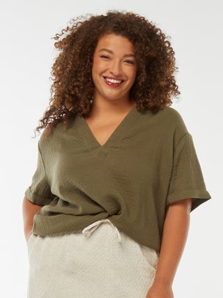 Blusa de gasa de algodón con cuello de polo
