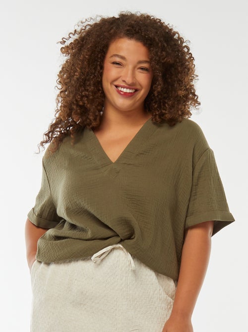 Blusa de gasa de algodón con cuello de polo - Kiabi