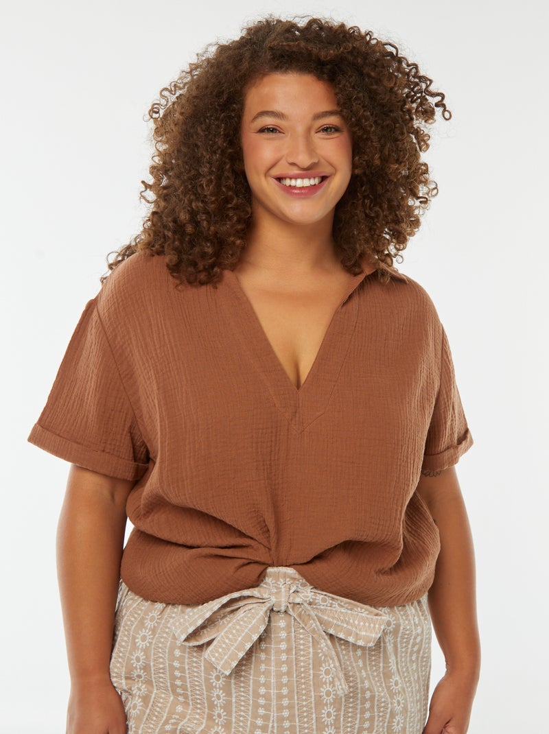 Blusa de gasa de algodón con cuello de polo Marron - Kiabi