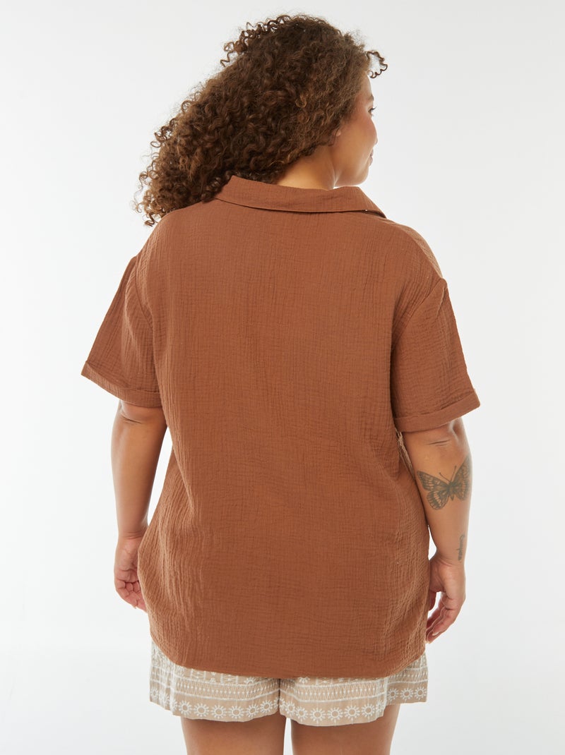 Blusa de gasa de algodón con cuello de polo Marron - Kiabi