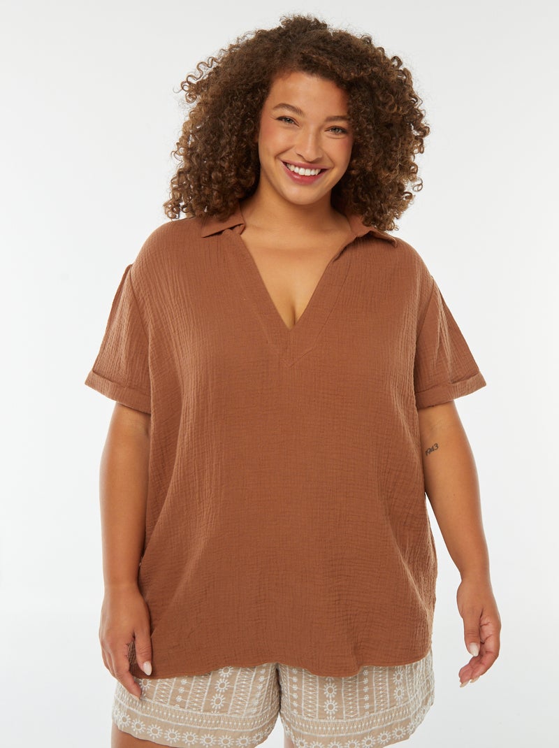 Blusa de gasa de algodón con cuello de polo Marron - Kiabi
