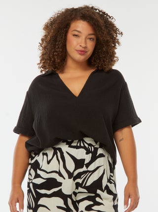 Blusa de gasa de algodón con cuello de polo