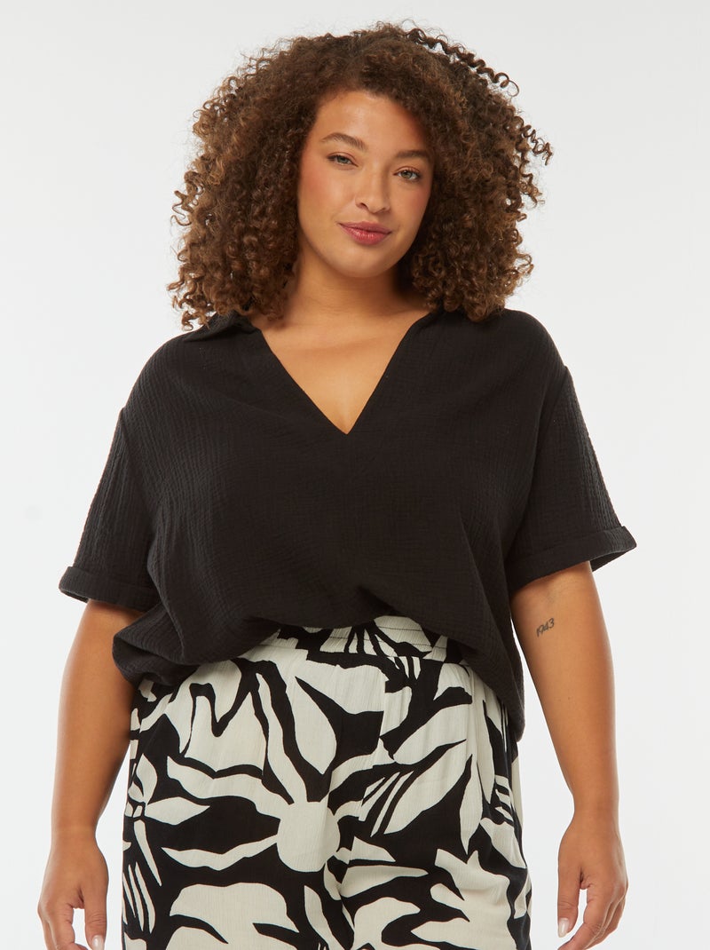 Blusa de gasa de algodón con cuello de polo negro - Kiabi