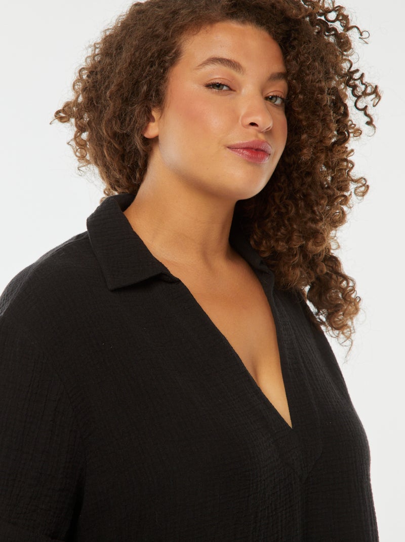 Blusa de gasa de algodón con cuello de polo negro - Kiabi