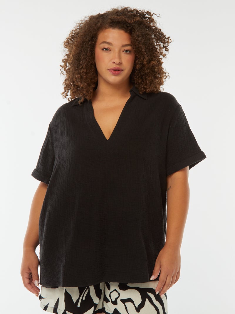 Blusa de gasa de algodón con cuello de polo negro - Kiabi
