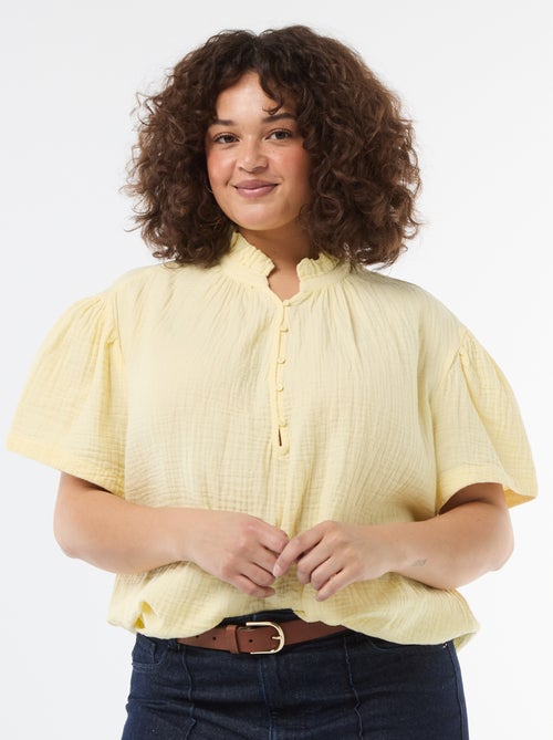 Blusa de gasa de algodón con cuello fruncido - Kiabi