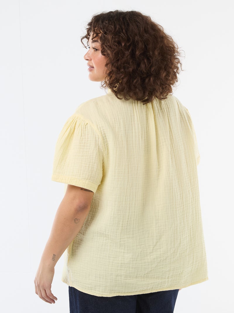Blusa de gasa de algodón con cuello fruncido Amarillo - Kiabi